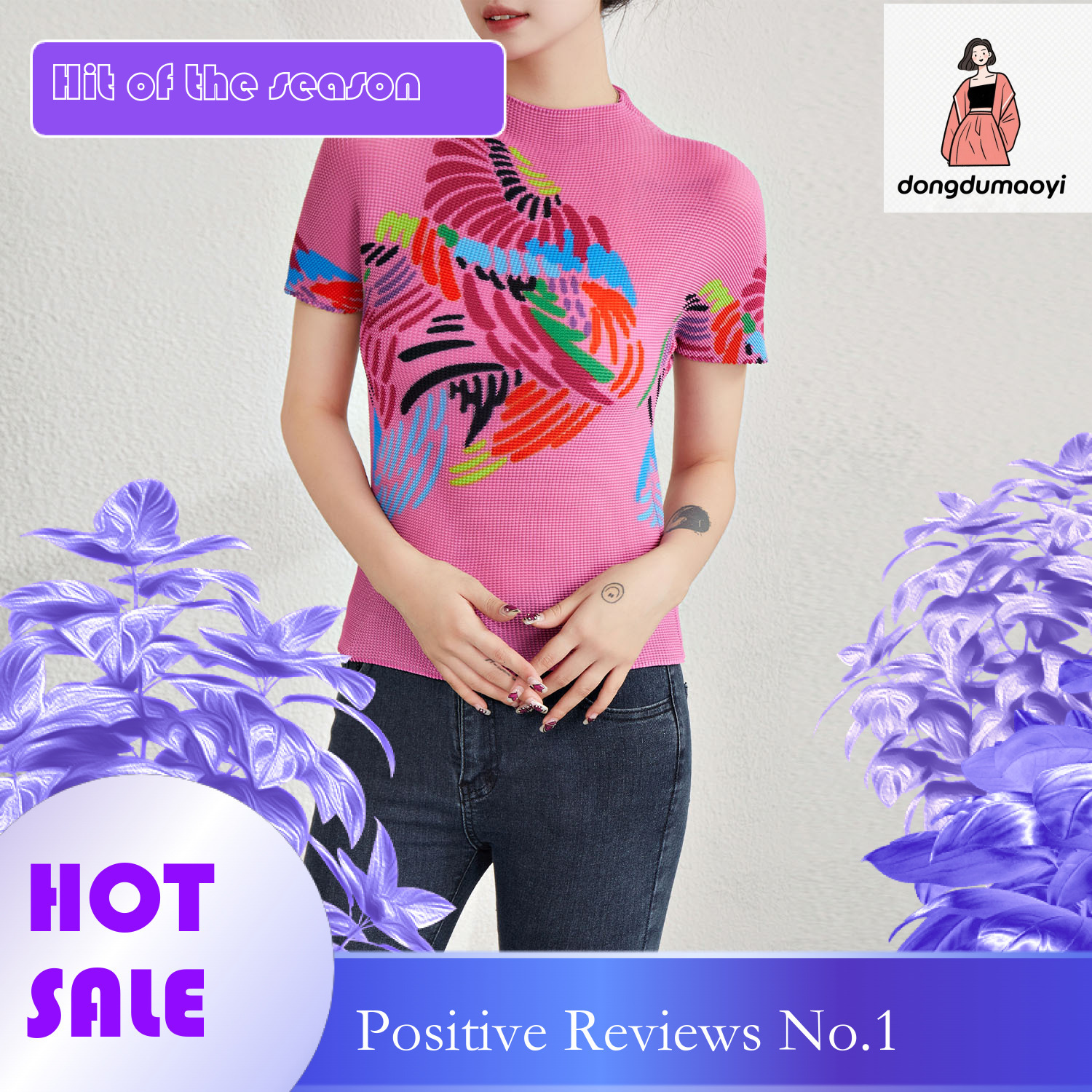 dongdumaoyi Fold up shirt summer women, thin short sleeved top, slim fit and slimming, elastic printed casual T-shirt for women