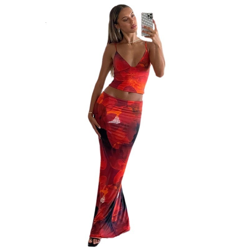 Womens 2024 Summer New Fashion Print Sexy V-neck Small Tank Top Slim Fit Skirt Set