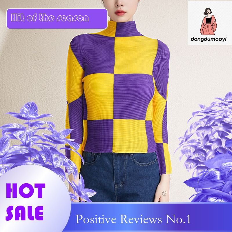dongdumaoyi Long sleeved base shirt for women's spring and autumn 2024 new slim fit printed checkered pleated half high neck top