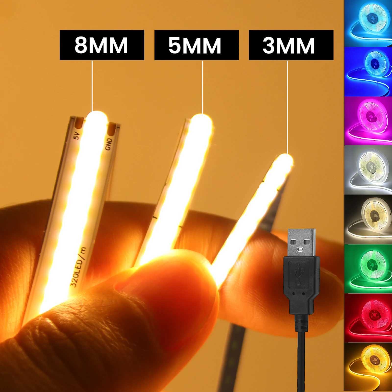 New Arrival DC 5V USB COB Strip 3MM 5MM 8MM White/Pink/Red/White/Yellow/Yellow/Ice Blue/Green Flexible Ribbon Rope Home Decor TV Backlight Z250514