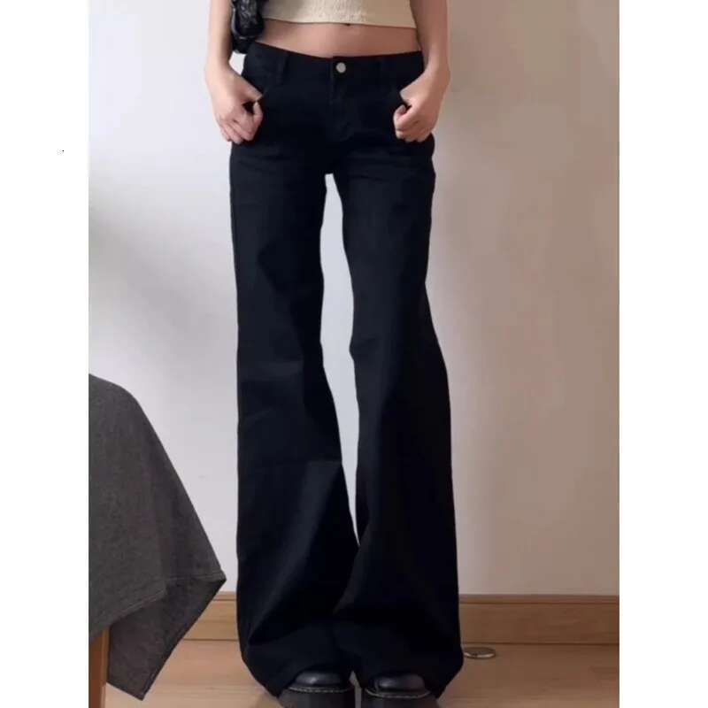 Botvotee Y2k Black Low Waist Jeans Flare Washed Vintage Casual Minimalist Denim Pants Grunge Solid Color Street Retro Trousers