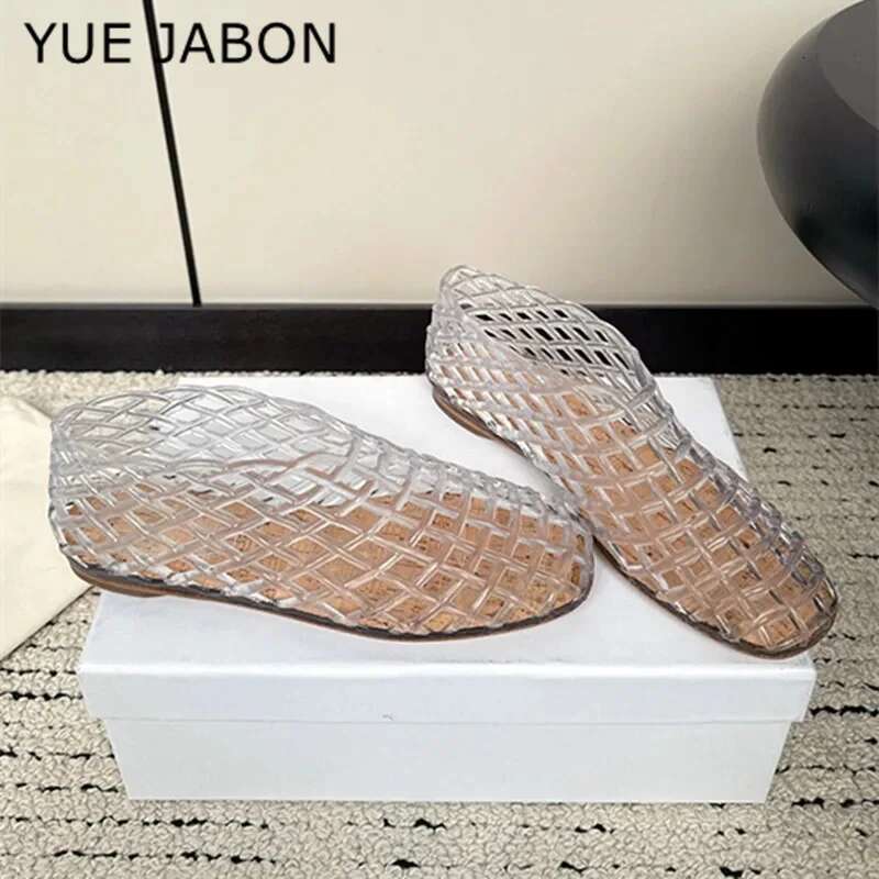New Summer Plastic Jellies Single Women Woven Mesh Ballet Flats Sandals Round Toe Transparent Hollow Design Beach Shoes