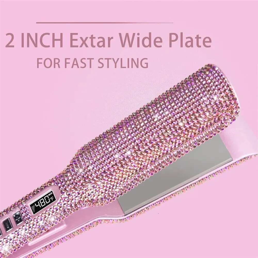 Rhinestone Flat Titanium Straightener Dual Voltage Iron Professional Hair Tools LCD Display 2 Inch Plate Irons