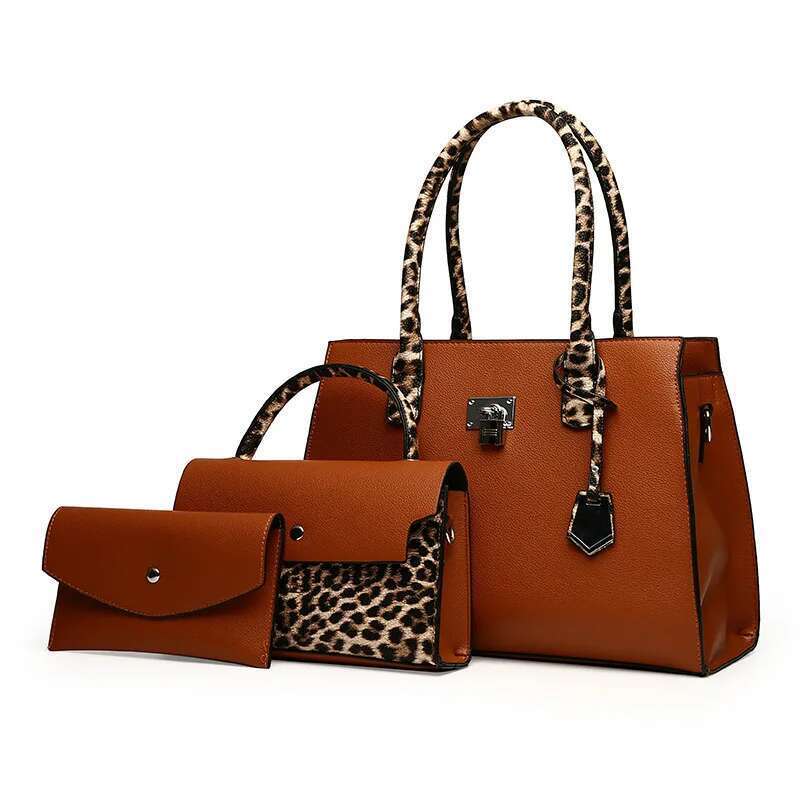 2025 Designer Shoulder Handbag New Large Capacity Leopard Pattern Women's 3Pcs Set Bag Large Handbag Crossbody Wallet