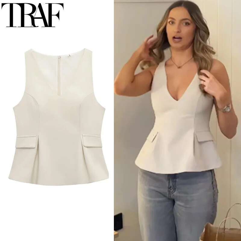 TRAF Women's Tanks Crop Summer 2025 Sleeveless Solid For Woman Fitted Off Shoulder Casual Tops With Straps Vest