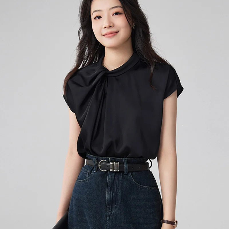 Summer Elagant Front Cross Womens Blouse Short Sleeve Stand Collar Korean Casual Loose Office Lady Shirts Female 250514