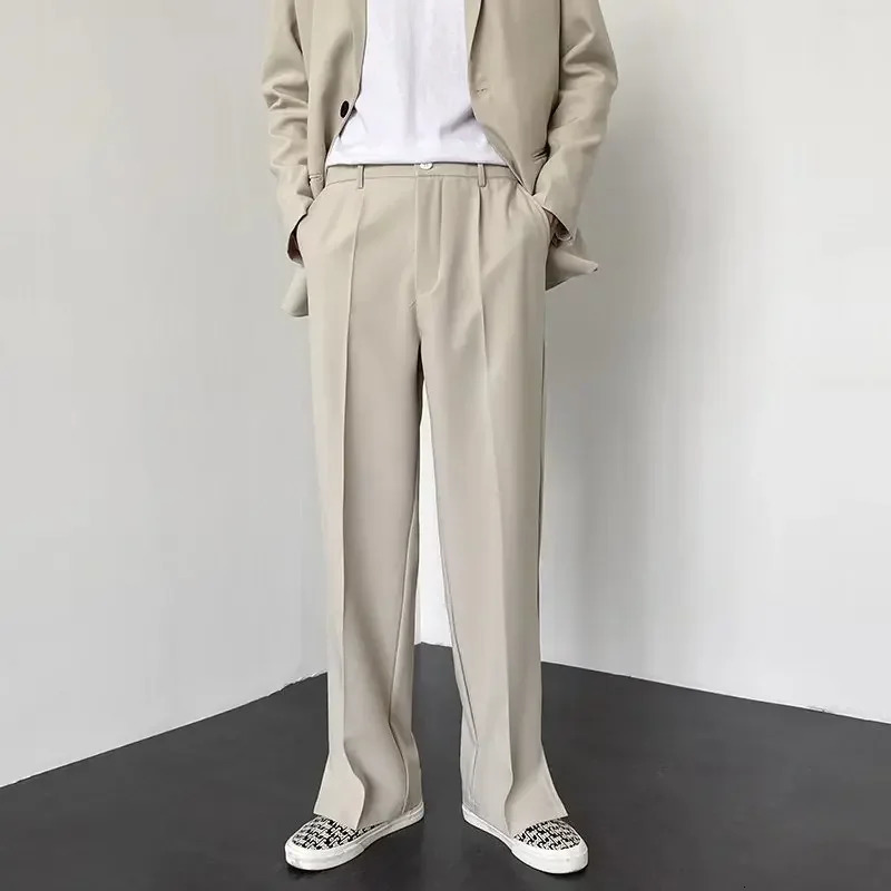 Mens Straight Baggy Casual Pants Korean Slit Personality Suit Trousers Fashion Formal Business Male Streetwear Gray Khaki Black 250513