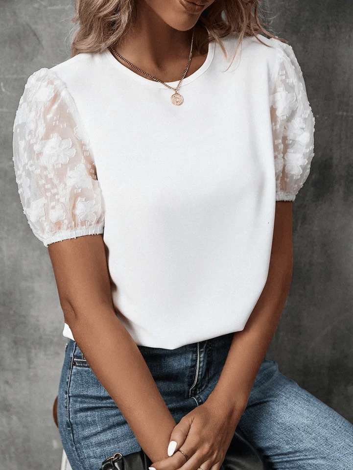 Womens casual crewneck lace shortsleeved pullover shirt 250514