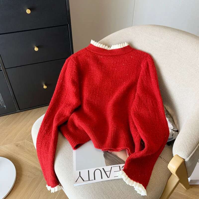 New Autumn Winter Cashmere Sweater Korean Style Casual Ruffles White Pink Red Long Sleeve Knitted Cardigans For Women
