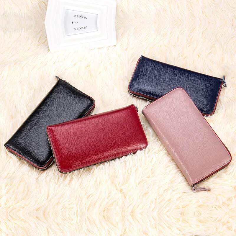 Genuine Leather Men Women Long Wallet Unisex Zipper Coin Purse Simple Design ID Credit Card Holder Phone Money Bag Solid Clutch