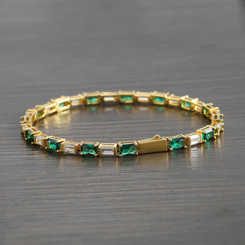 Smooth spring buckle tennis rectangular zirconia green and white stripes women, copper inlaid with zircon hip-hop minimalist bracelet for women