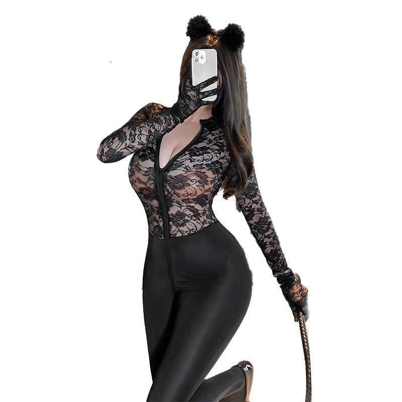 Sexy Lace Lingerie Fan Lei S Lingerie Women S Sexy Lace See Through Double Zipper Crotch Tight Fitting One Piece Pajamas KQ
