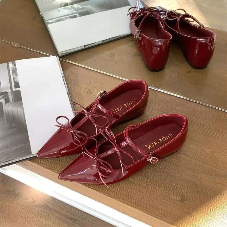 Pointed Toe Metal Buckle Bow T Strap Mary Jane Flats Elegant Banquet Dress Sexy Design Comfortable Women's Single Shoes