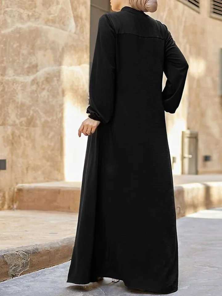 Muslim black dress with small stand-up collar and zipper pocket design elegant loose and casual long-slved skirt X250514