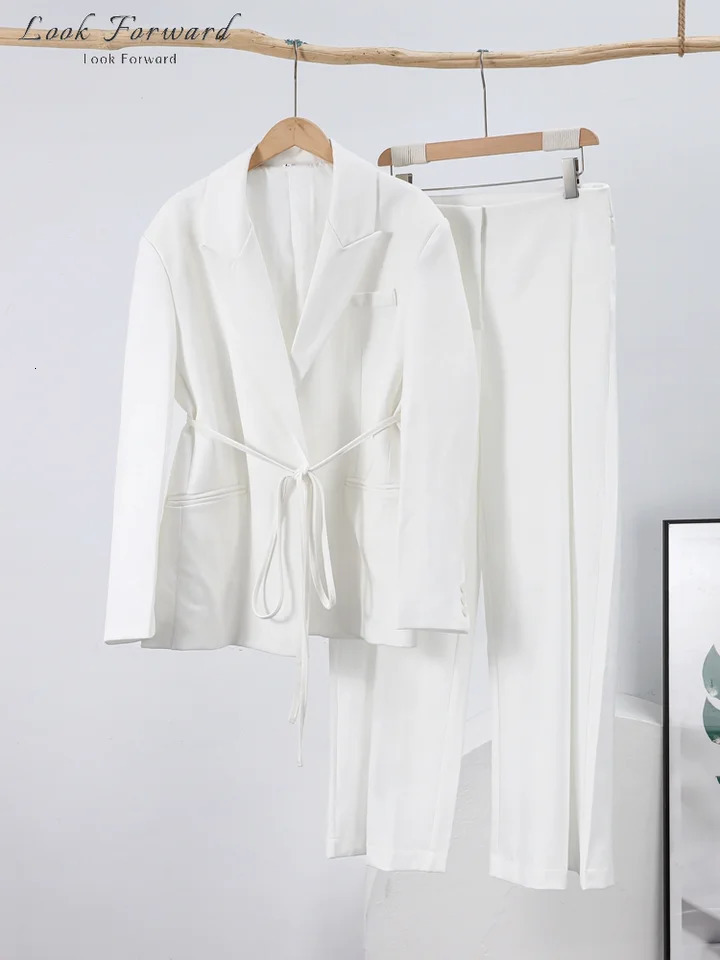 Elegant Blazer Pants Sets Women V-neck Lace up Jacket Full Sleeve Wide Leg Trousers Suit Lady Spring Autumn Solid Set Female 250513