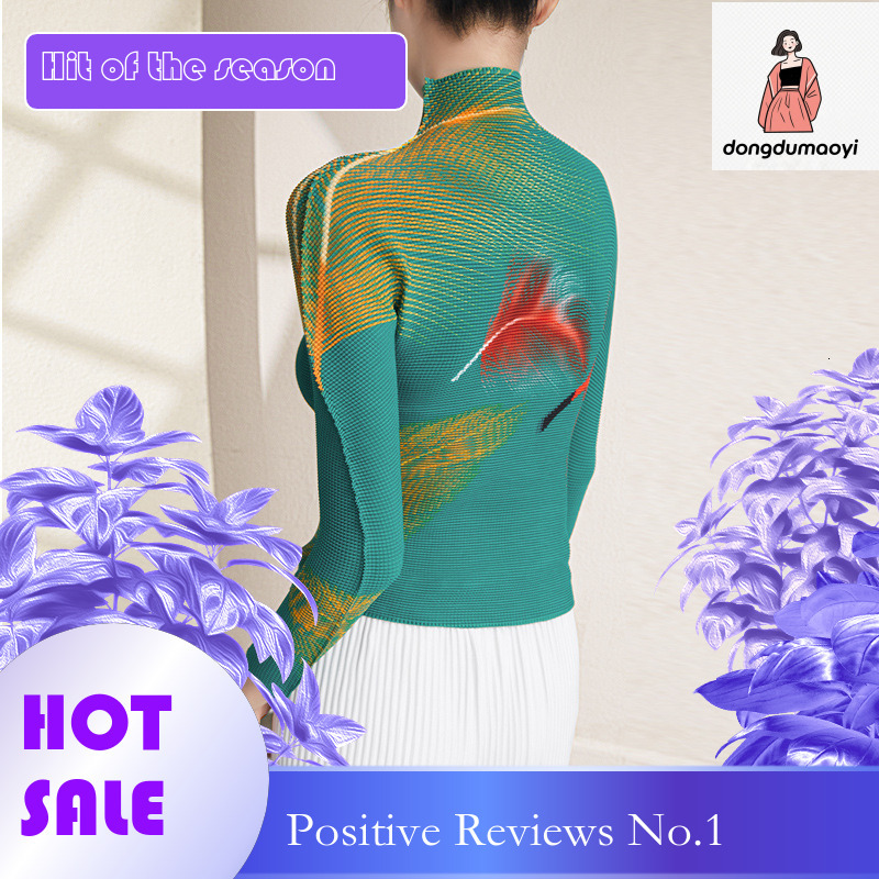 dongdumaoyi Wrinkled long sleeved t-shirt for women, 2023 autumn three bedroom new style, semi high neck, elastic slim fit printed bottom shirt top