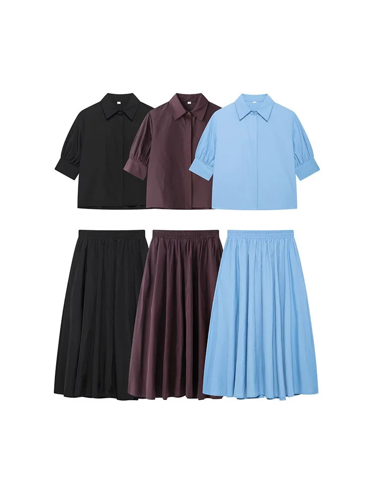 Women Summer 2Pieces Sets Fashion Sweet Solid Short Shirts and Skirts Female Elegant Street Two Suits Clothing 250514