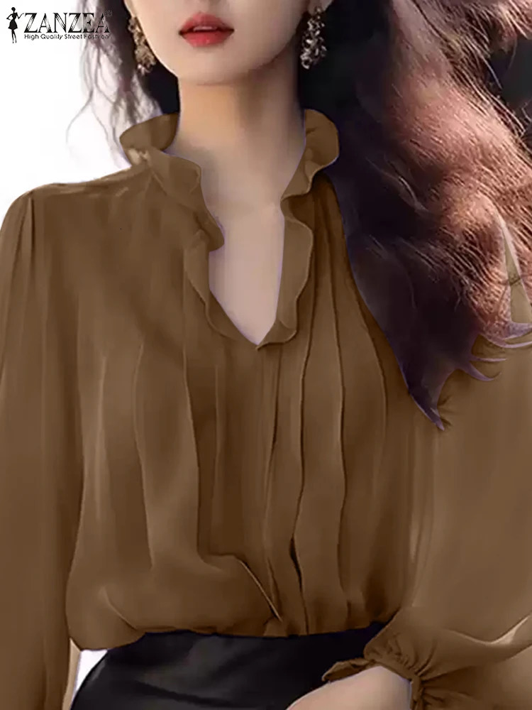 ZANZEA Women OL Blouse Fashion Long Puff Sleeve Shirts Ruffled Stitching Neck Tops Vintage Pleating Tunic Holiday Solid Top 250514