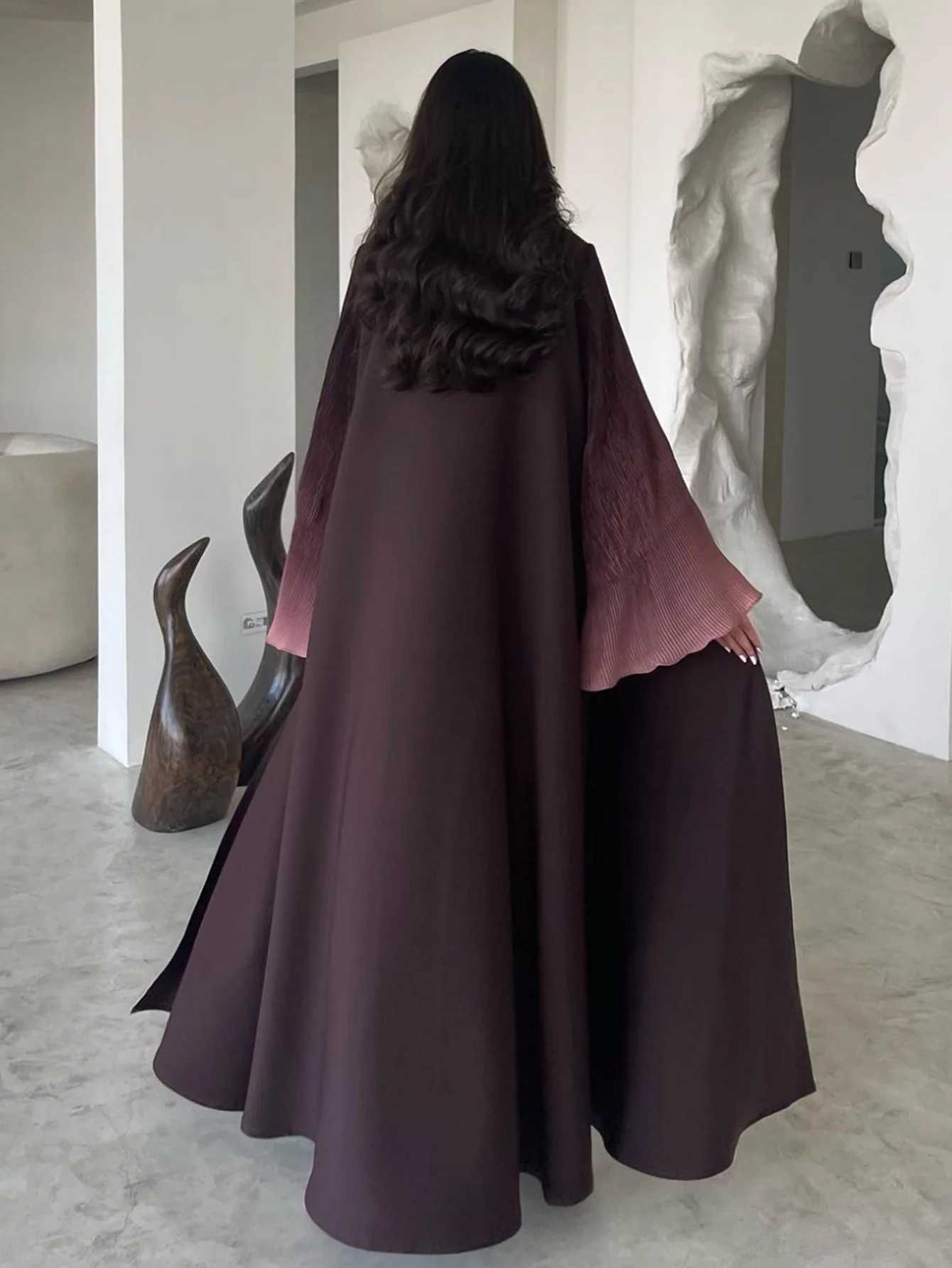 Middle-East Abaya Muslim Flare Slve Casual Arabian Pleated Open Front Abayas Turkey Kaftans Women Jilbabs Islamic Maxi Dresses X250514