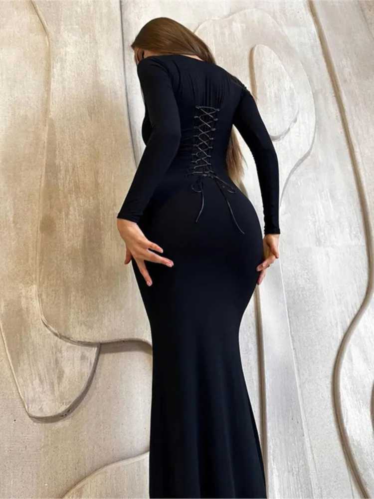 Sexy Bodycon Party Solid Color Long Dress For Women Long Sleeve Bandage Slim Dresses 2023 Autumn New Fashion Dresses Black RobeXJ250514