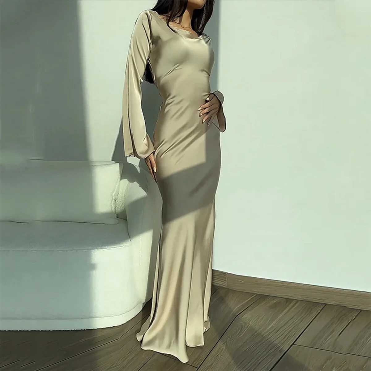 Womens Maxi Dress 2025 New Silk Long Round Neck Satin Flare Sleeve Lace Up Slim Skirt Evening Party Dresses Sexy Chic RobesXJ250514