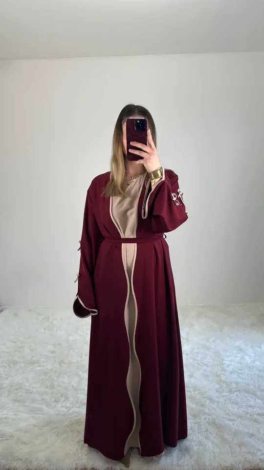 Burgundy Islamic Abaya for Middle East Muslim Ladies Bow Details Contrast Inner Layer Ideal for Ramadan and Daily Wear in Saudi X250514