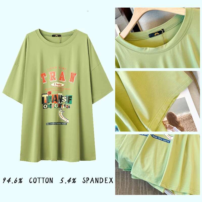 Summer Plus Size Women's Round Neck Letter Printed T Shirt Pink Green Casual Loose Medium Long Short Sleeve Outdoor Street Tops