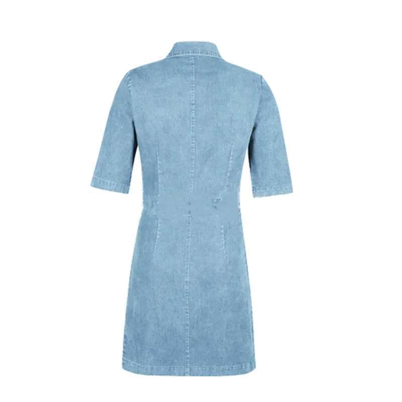 Women High Waist Lace-up Slim Fit Wrap Hip Dresses Summer Lapel Zipper Cardigan Dress Female Sleeve Thin Denim Short Gown