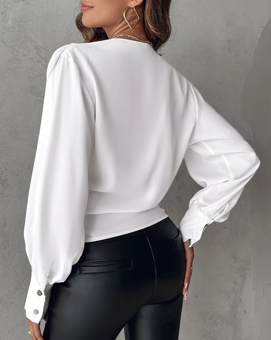 Women Elegant Solid Chiffon Blouse Spring Summer Casual Long Sleeve V Neck Loose Shirt Office Lady Tunics Oversized Tops 250513