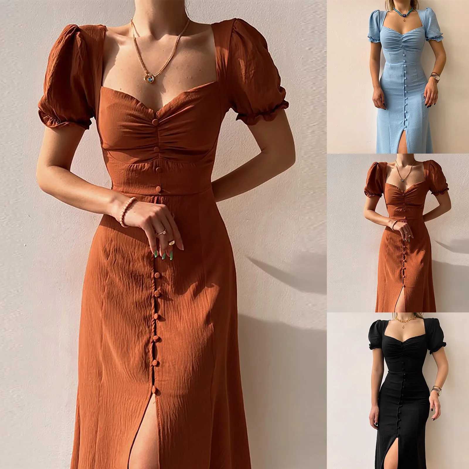 Slim Long Dresses Women Bodycon Button Up Square Neck Pleated Wrap Split Maxi Dress Summer Elegant Short puff Sleeve SundressXJ250514