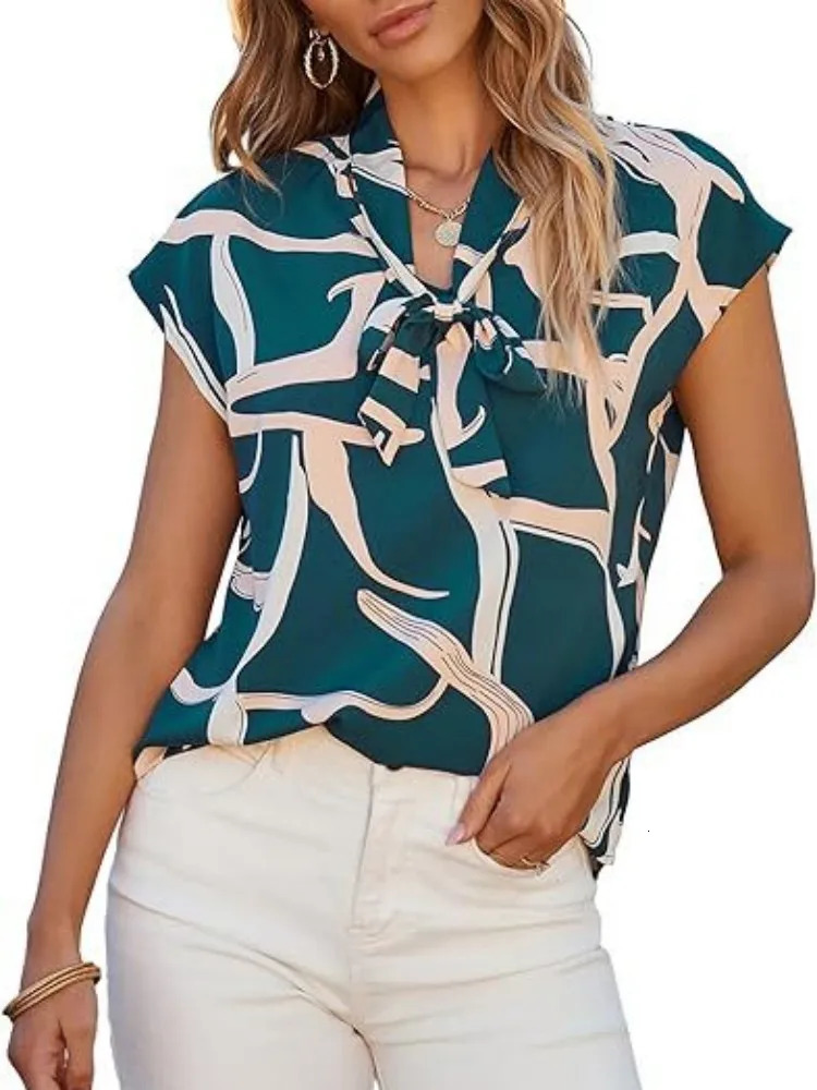 Women Summer Style Blouses Shirts Lady Casual Short Sleeve Bow Tie Collar Printed Blouse Tops 250514