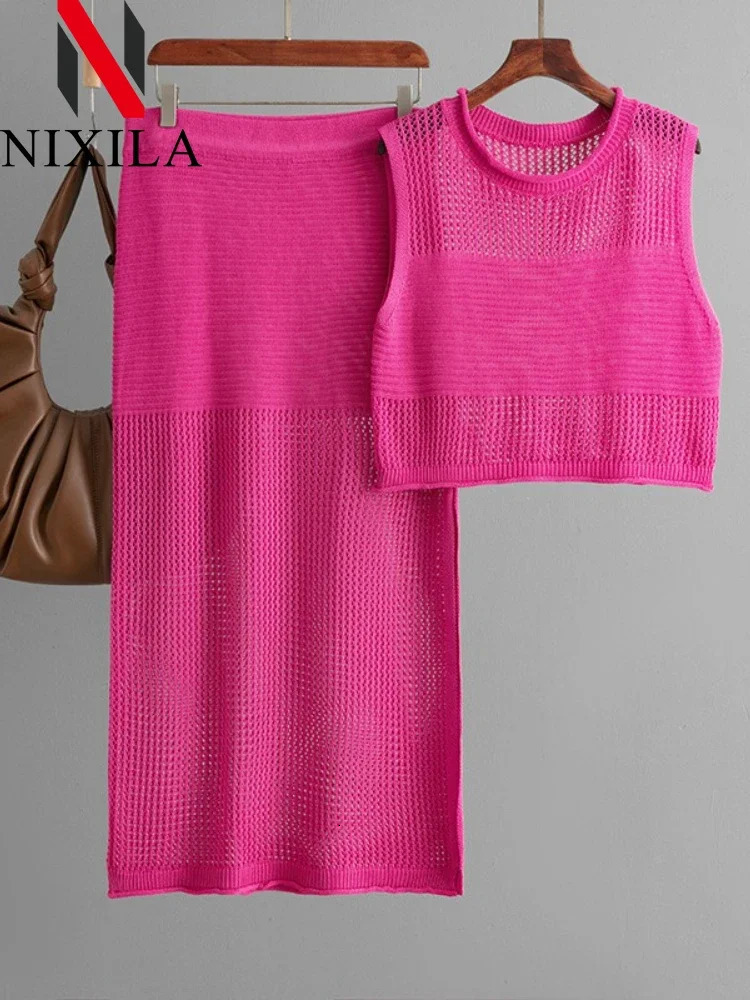 Spring Summer Hollow Out Beach Skirts Outfits for Women Knit Tank Tops with Slit Sexy Long Sets 2 Piece 250514