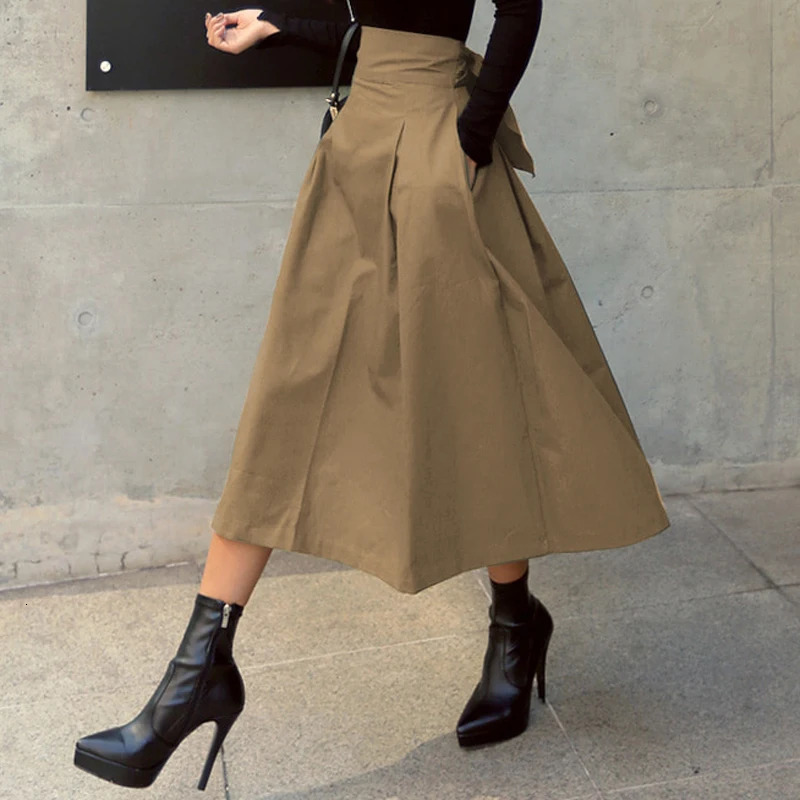 Skirts Womens Korean Fashion Solid Color Big Swing Ladies Skirt Long Skirt 2025 Autumn Wild High Waist Bow Slim Skirts 250513