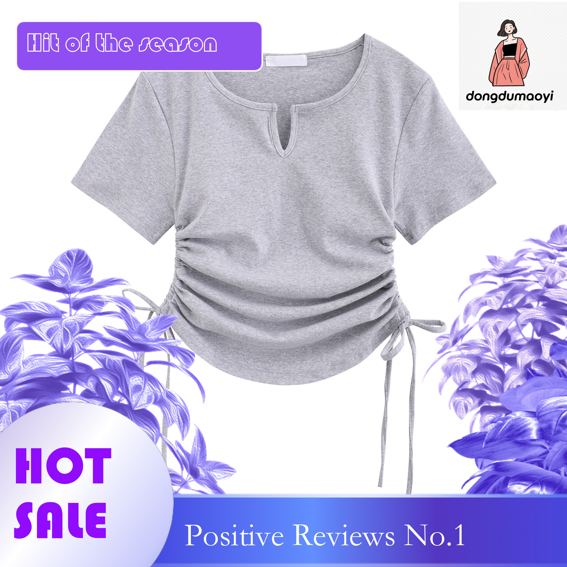 dongdumaoyi Design sense drawstring slim fit short sleeved T-shirt with exposed waist and spicy style women's clothing 2025 summer new sweet shou