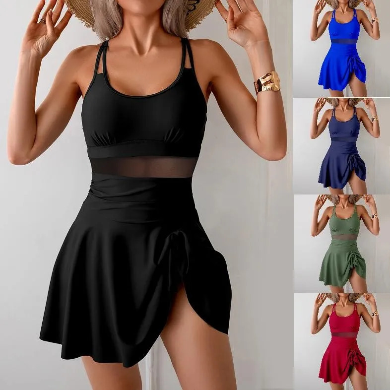 Sexy Solid Pleated Bikinis One Piece Swimsuit Women Plus Size Swimwear Monokini Beachwear Dress 2025 Summer Bathing Suit Xxl 250509