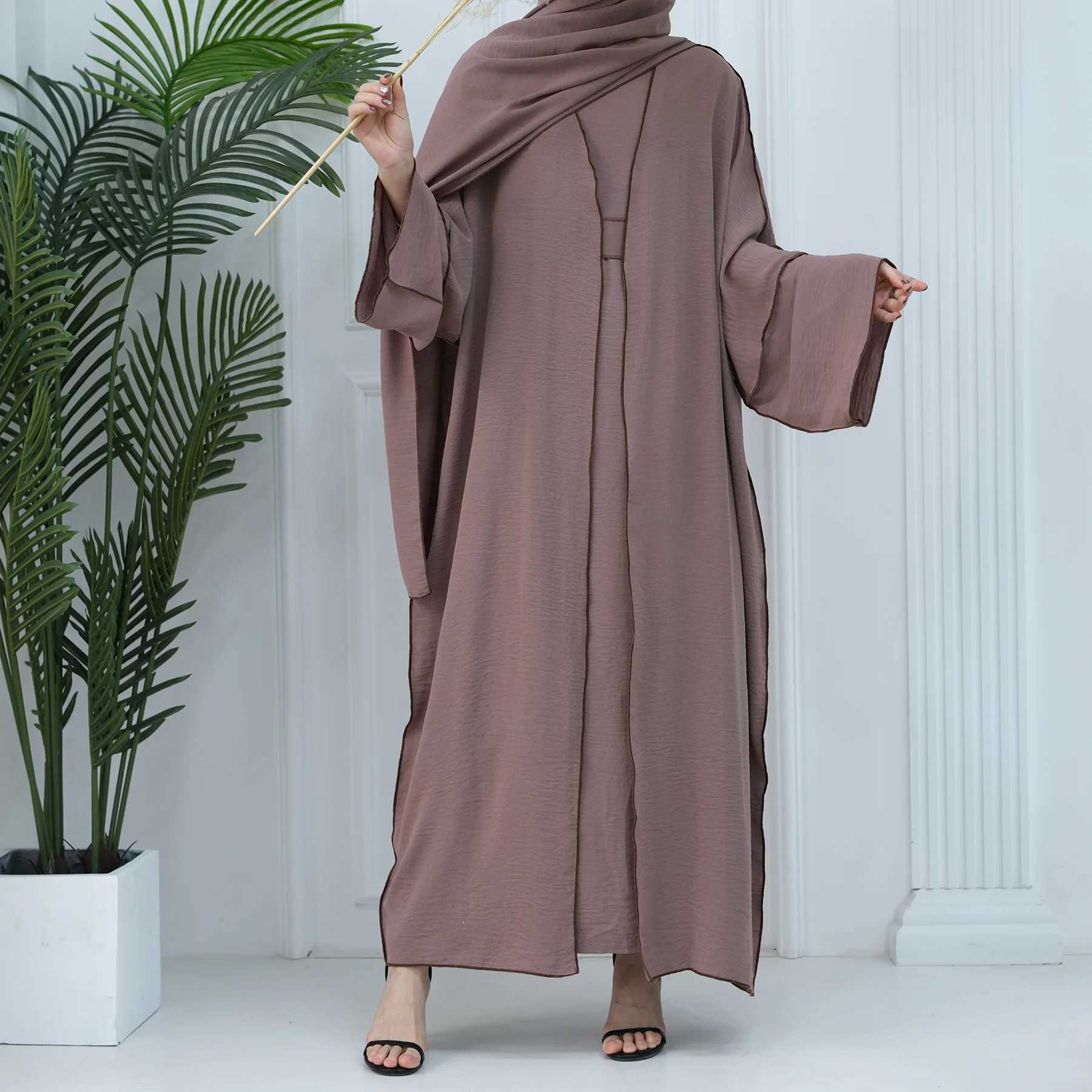Elegant Modest Islamic Luxury Abaya Sets Dubai Wrinkle Kimono 2 Piece Abaya Set Abaya Kaftans Women Muslim Dress Coat and Robes X250514