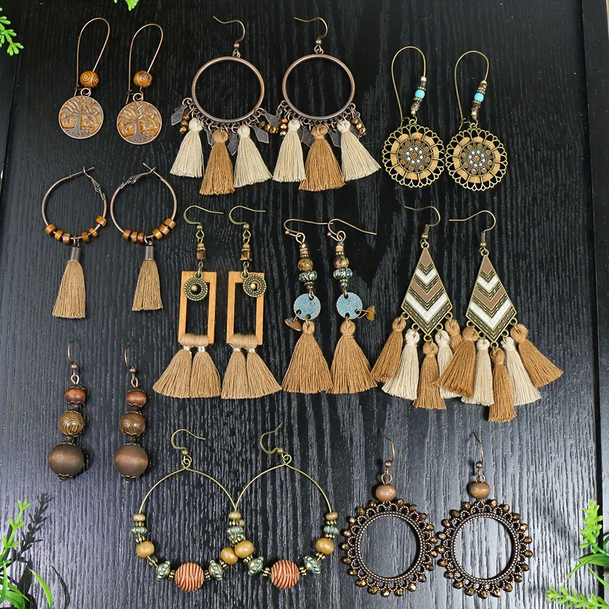 10 Pairs Brown Earrings Set Boho Jewelry Set Drop Dangle Earrings Tassel Wooden Beading Vintage Statement Earrings for Women 250513