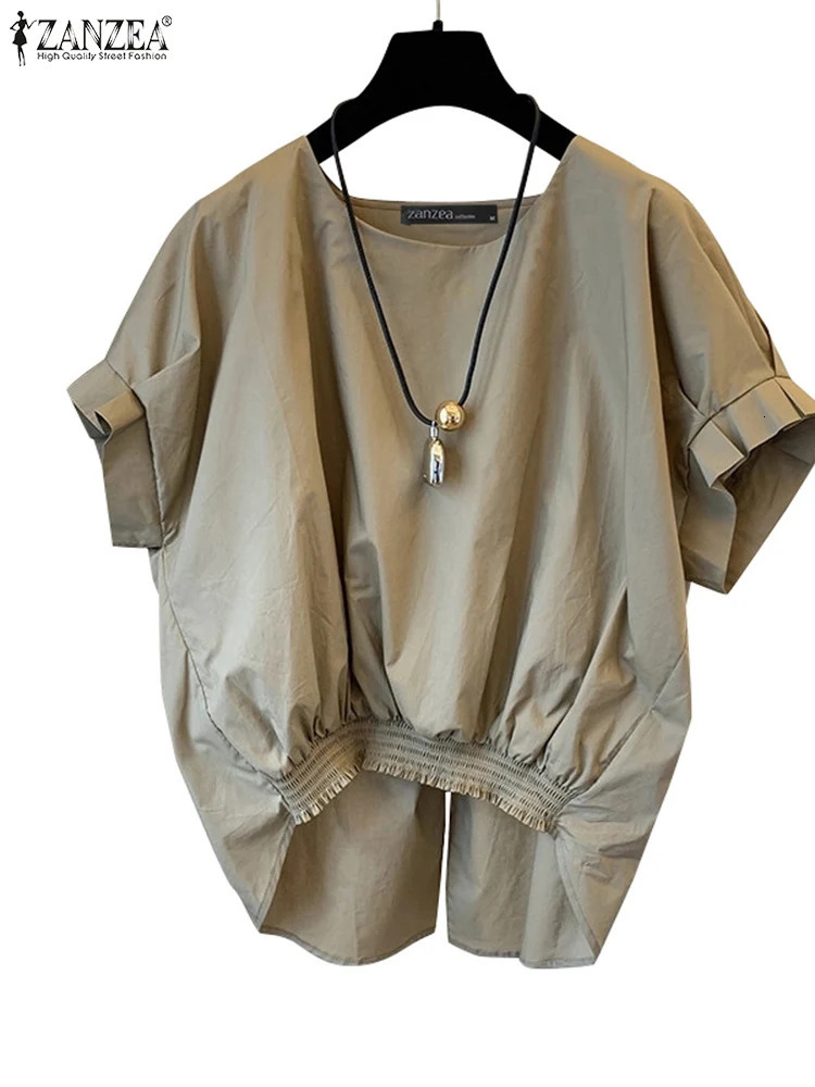ZANZEA Women Fashion Shirring Hem Blouses Summer O Neck Short Sleeve Casual Blusas Mujer Stylish Slit Back Solid Shirt Tops 250514