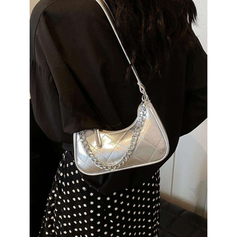 Underarm 2025 new high-end women's niche design single shoulder crossbody bag summer silver small square bag