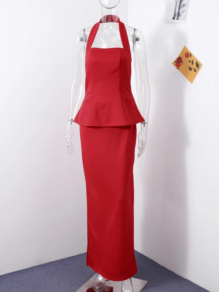 Elegant Halter Top Skirts Set Women Solid Backless Sleeveless Crop Tops Split Long Skirt 2025 Spring Summer Ladies Outfits 250513