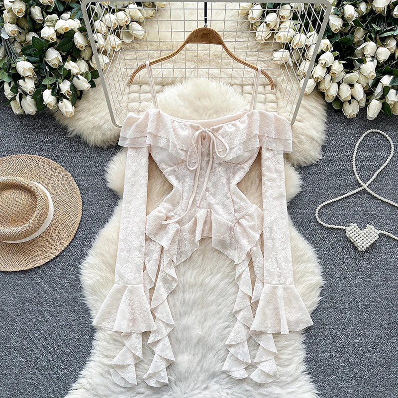 HELIAR Women Off Shoulder Sexy Blouse Female Long Flare Sleeves Ruffles Beach Shirt Summer Irregular Floral sweet Tops 250514