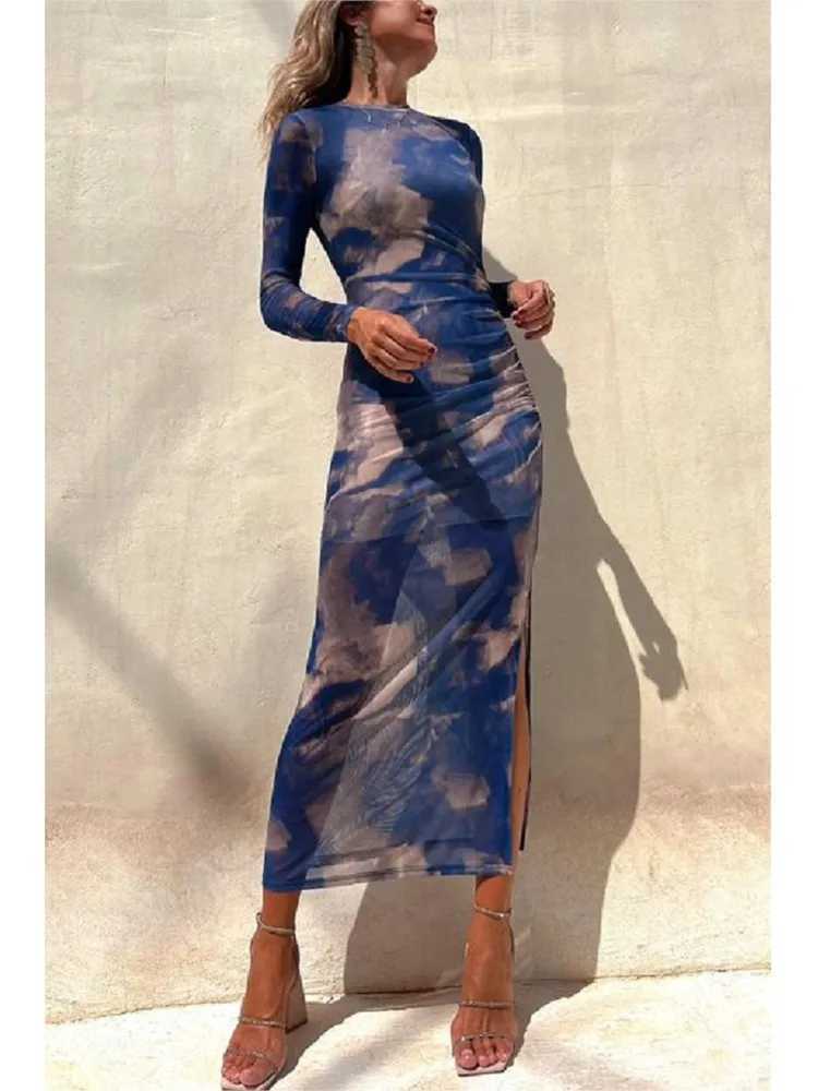Tie Dye Printed Mesh See Through Womens Long Skirt Sexy Slim Fit Split Party Evening Dress 2024 Spring New Fashion Club VestXJ250514