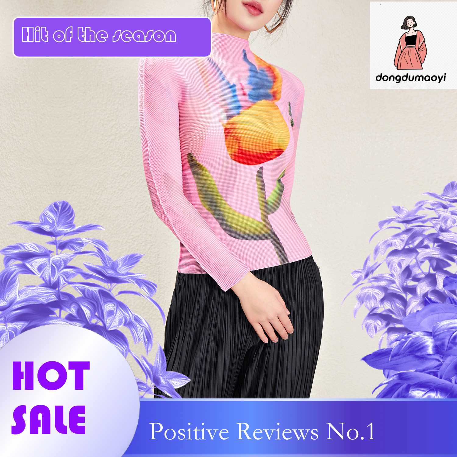 dongdumaoyi Miyake printed long sleeved T-shirt with 2024 spring new style slim fit and slimming design, pleated base shirt top