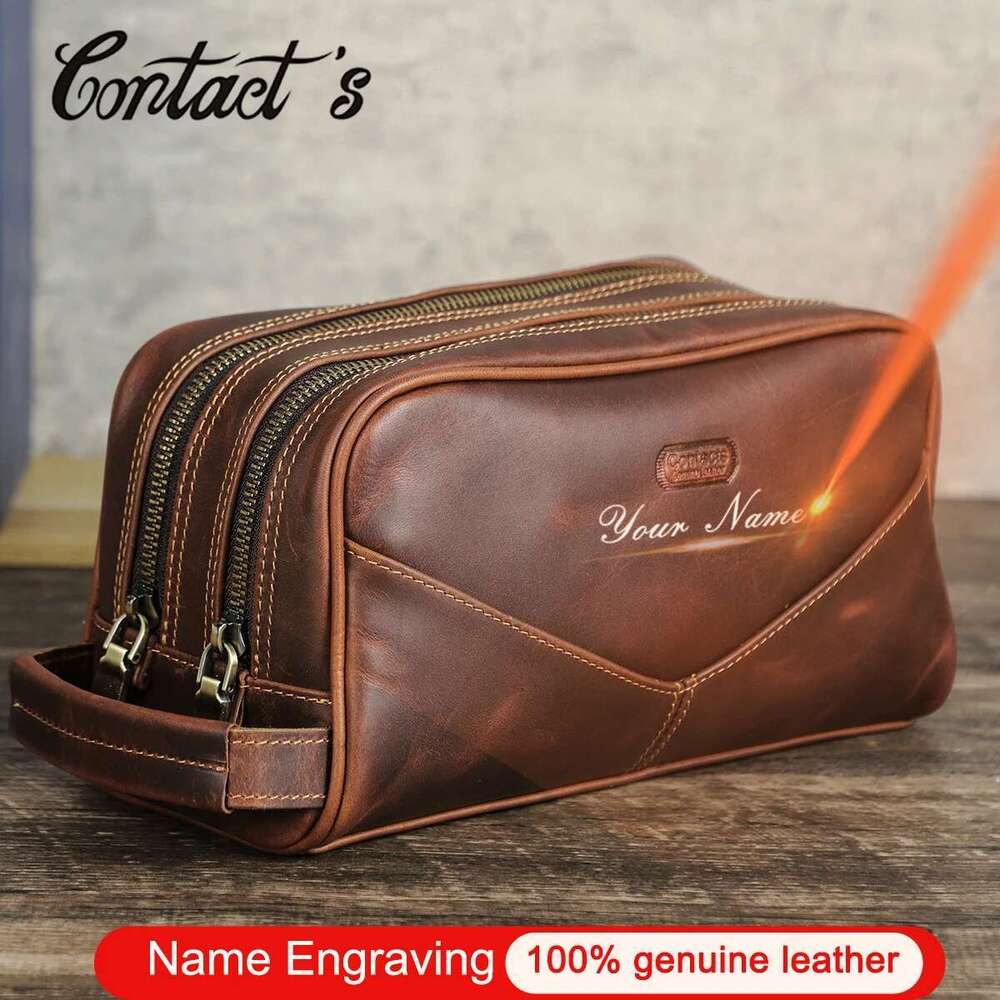 Crazy Horse Genuine Travel Makeup Bag Men's Vintage Leather Cosmetic Cases Brand Washing Storage Toiletry Bags