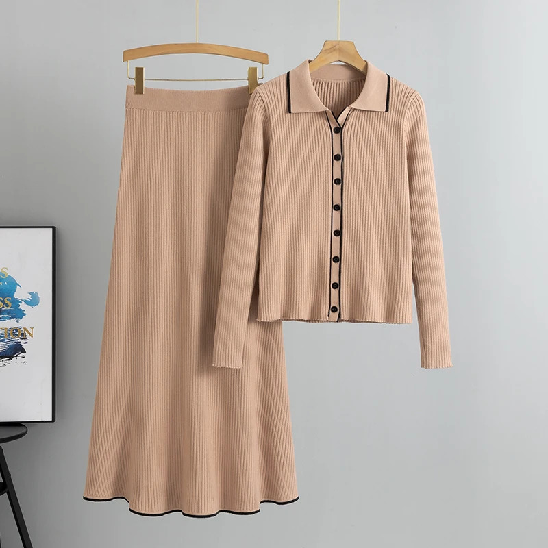 Slim Knitted Two Piece Set for Women Fashion Spring Autumn Long Sleeve Cardigan Sweater Skirt Sets Outfits 250514