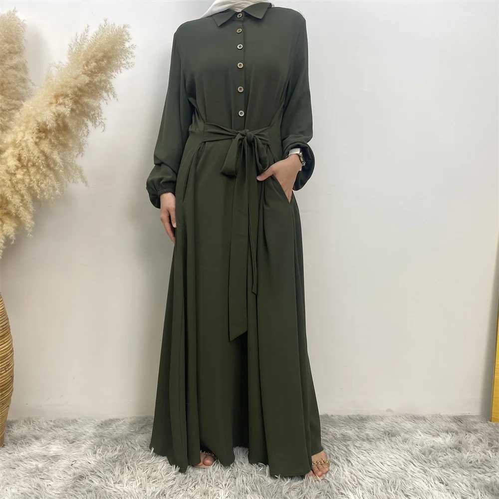 Muslim women summer hot sale chiffon dress Middle East Dubai Turkey solid color loose button elegant temperament dress with pock X250514