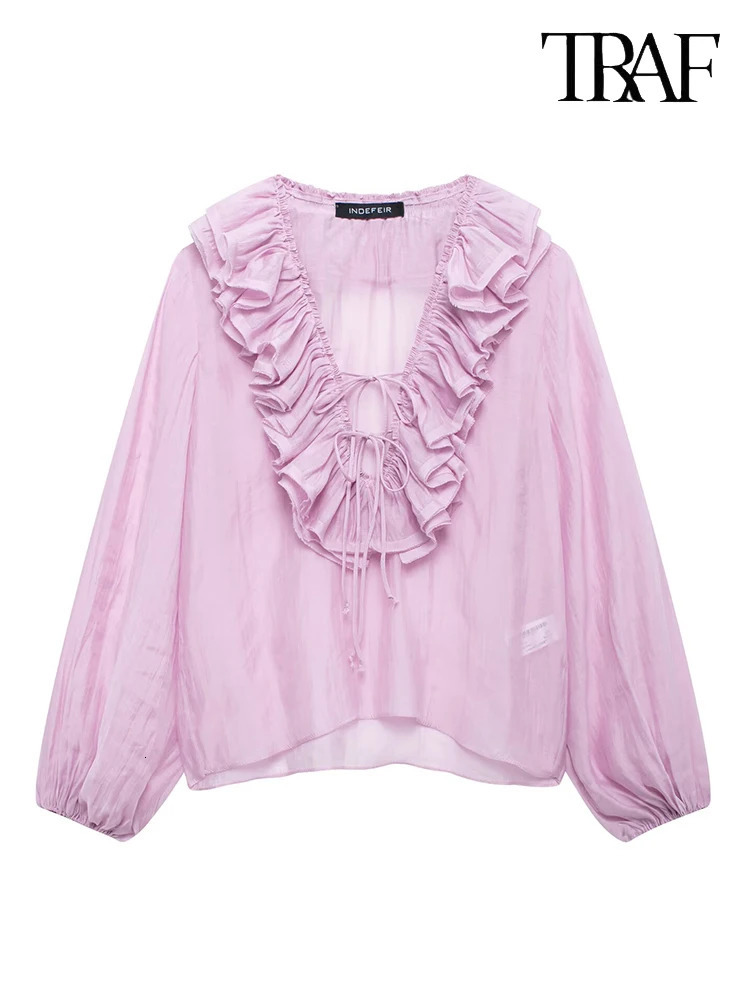 TRAF Womens Fashion Elegant and chic solid color Vneck cascading ruffled decorative tie longsleeved casual shirt Ladys wear 250514