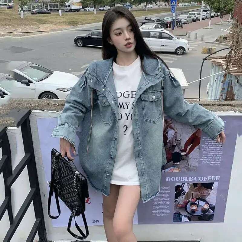 DEAT Fashion Drawstring Hooded Denim Jacket Women's Loose Single Breasted Light Blue Long Sleeves Causal Jackets New 7AB8356