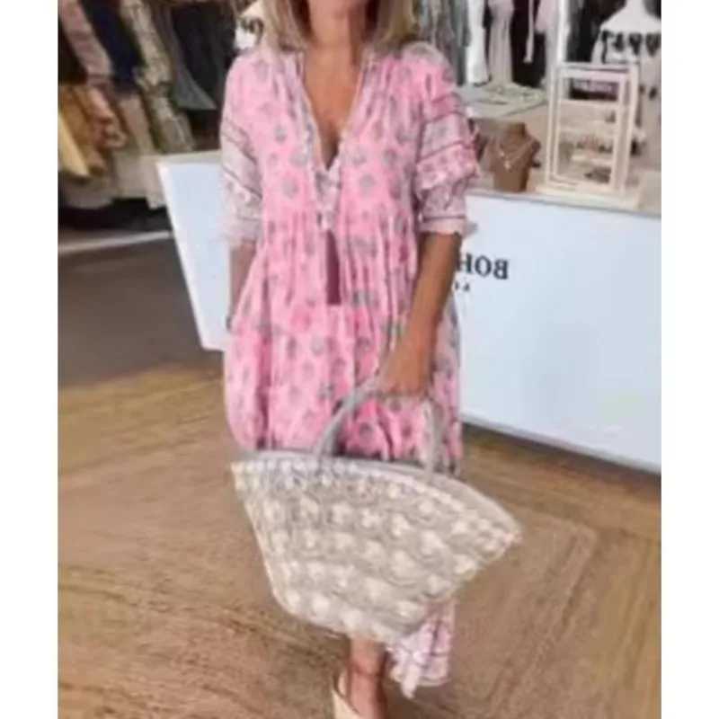 Womens Boho Printed Chic V-neck Long Dresses 2025 Summer Spring Pocket Party Dress Fall Half Lantern Sleeve Ruffles DressesXJ250514