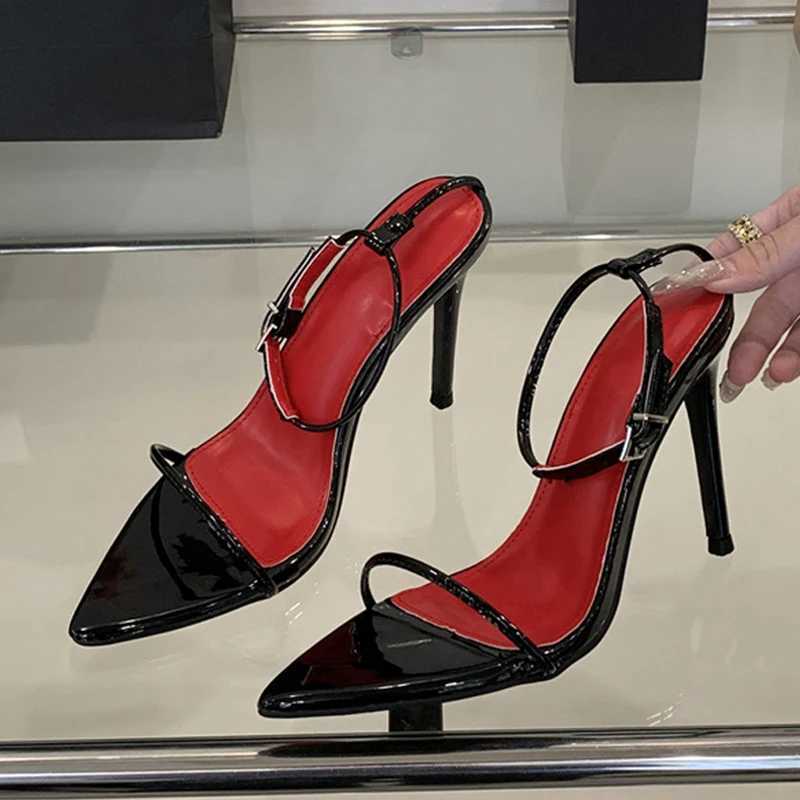 Likes 2025 Summer Fashion White Patent Leather Ankle Strap Sandals Women Sexy Pointed Open Toe Stripper Heels Wedding Prom Shoes W250514
